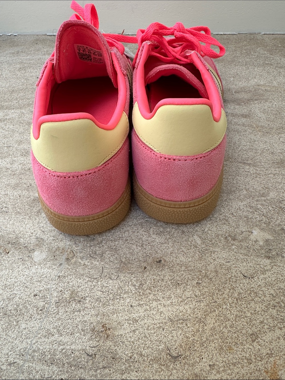 adidas Pink Suede Low-Top Sneakers with yellow Stripes and Gum Outsole - Picture 3 of 4